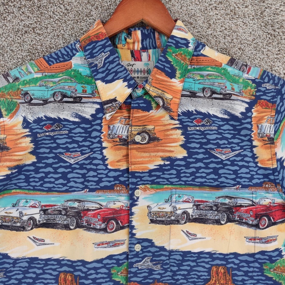Reyn Spooner Hawaiian Shirt Mens Large Chevrolet Cars Waves Beach